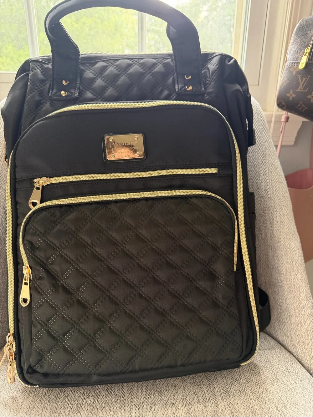 Weitars Women Bags Black Quilted Backpack Tote with Gold Accents